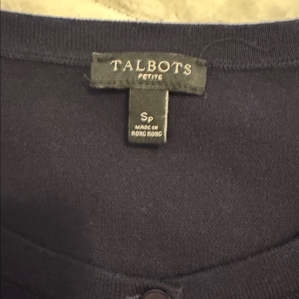 Talbots PSmall Navy French Script Cardigan Sweater Bonjour Oui Button Front - Picture 2 of 3